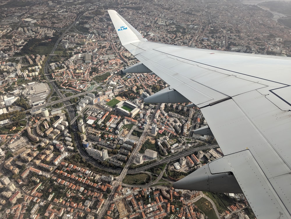 an aerial view of a city from an airplane