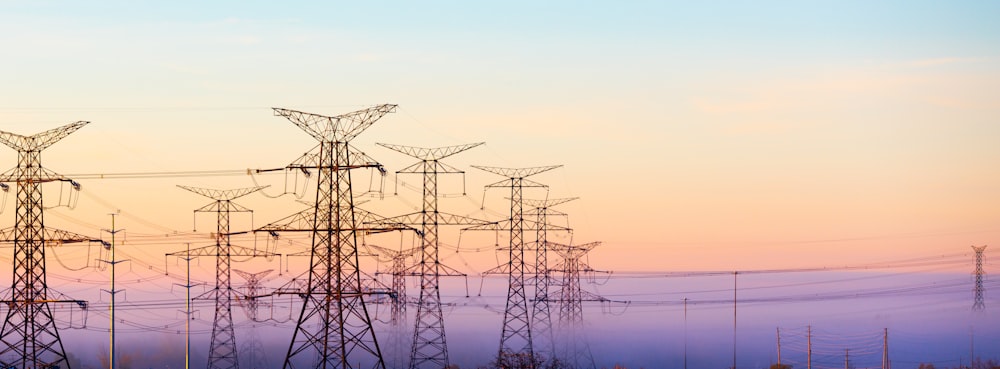 a group of power lines in the middle of a foggy field