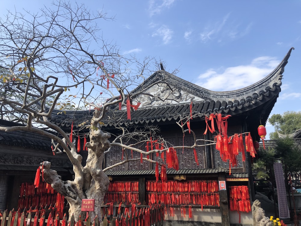 a tree with red ribbons hanging from it's branches