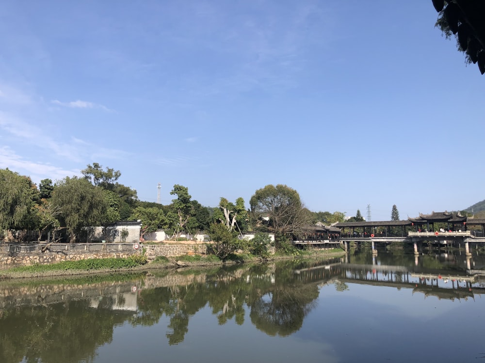 a body of water with a bridge in the background