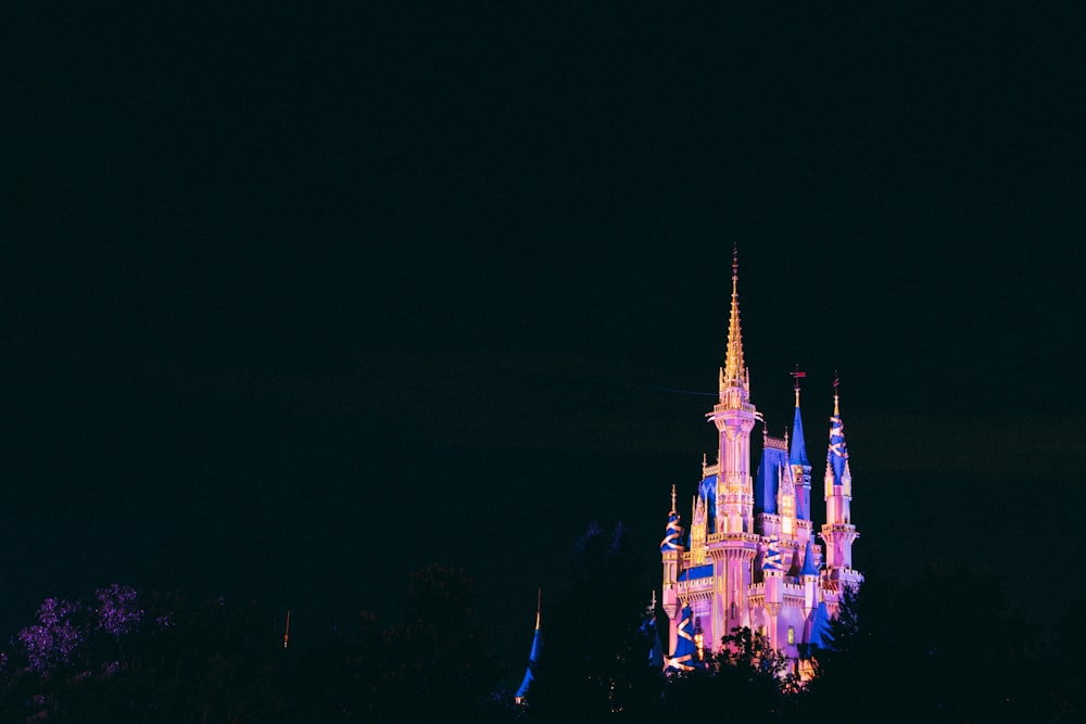 a castle lit up at night with a sky background