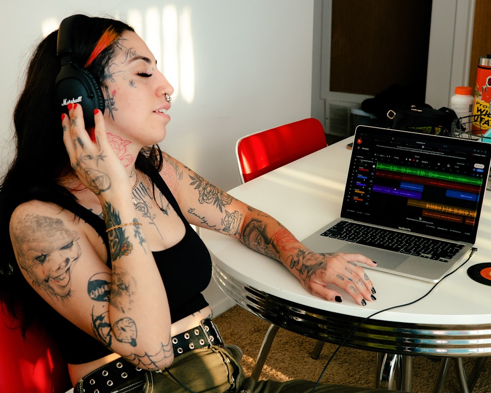 a woman sitting in front of a laptop computer