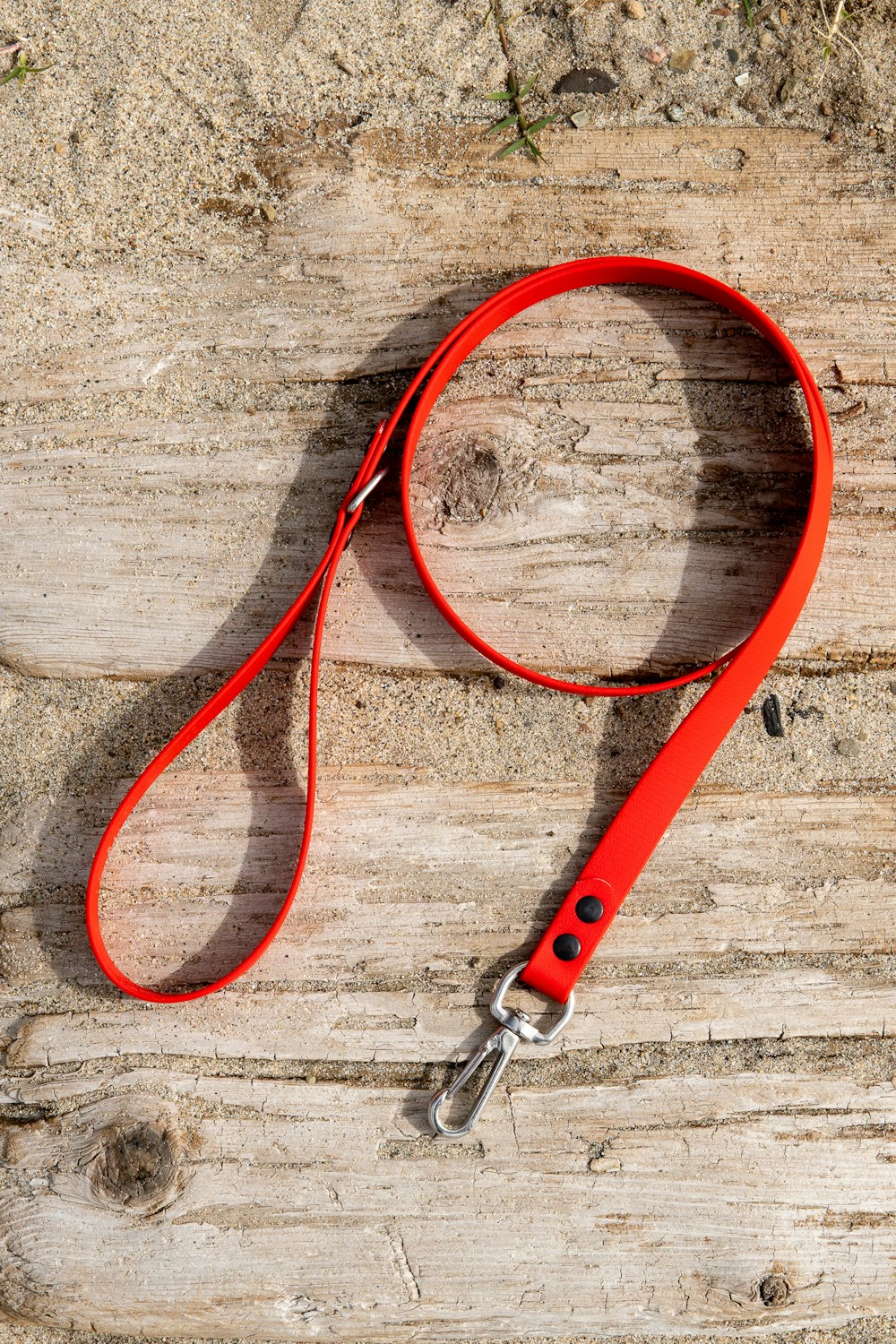 a red leash laying on top of a wooden floor