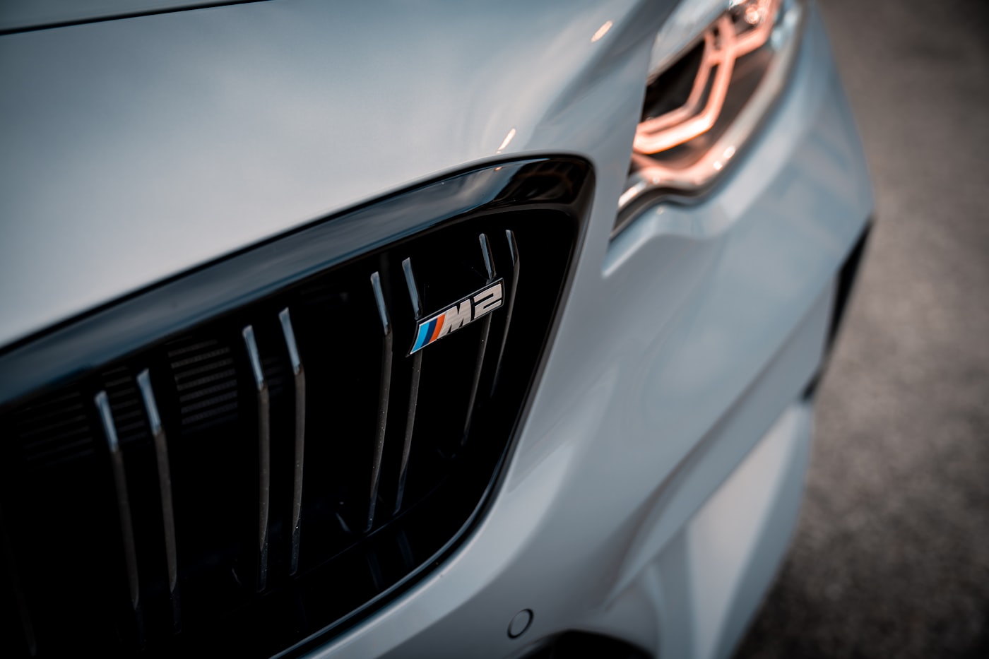 Close-up of BMW M2 front kidney grille and M2 badge