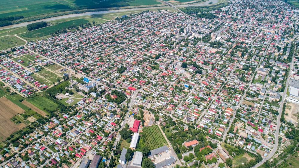 an aerial view of a city with lots of buildings