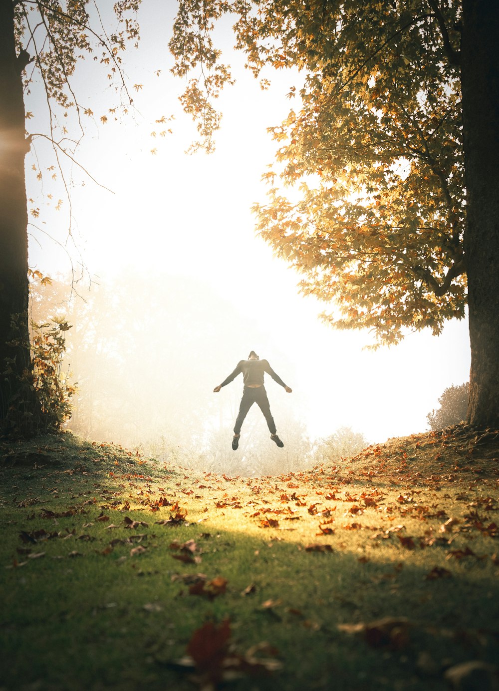 a person jumping in the air in a park