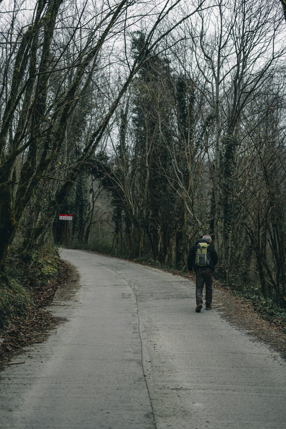 a person with a backpack walking down a road