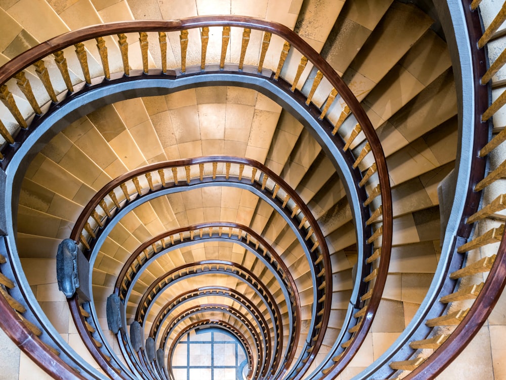 a spiral staircase in a building with a window