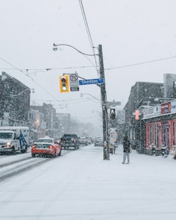 a person standing on a street corner in the snow
