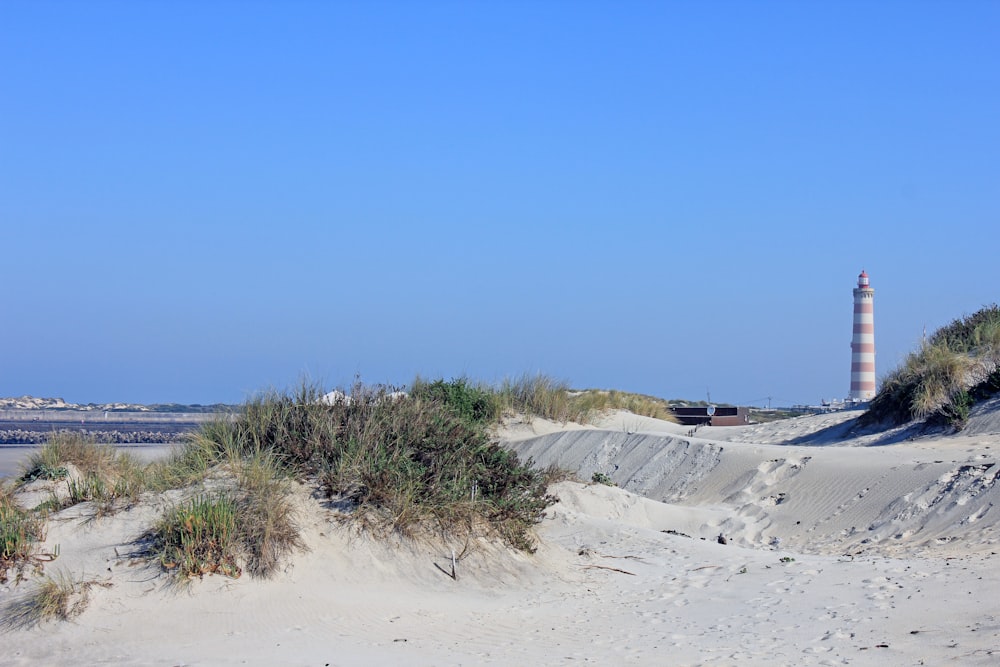 una casa faro seduta in cima a una spiaggia sabbiosa