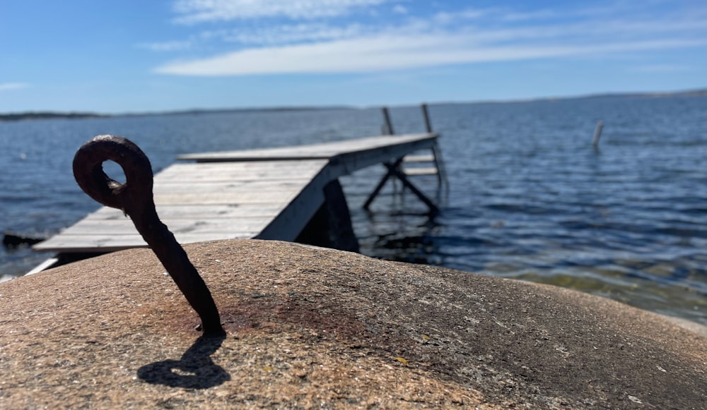 a long piece of metal sitting on top of a rock near a body of water