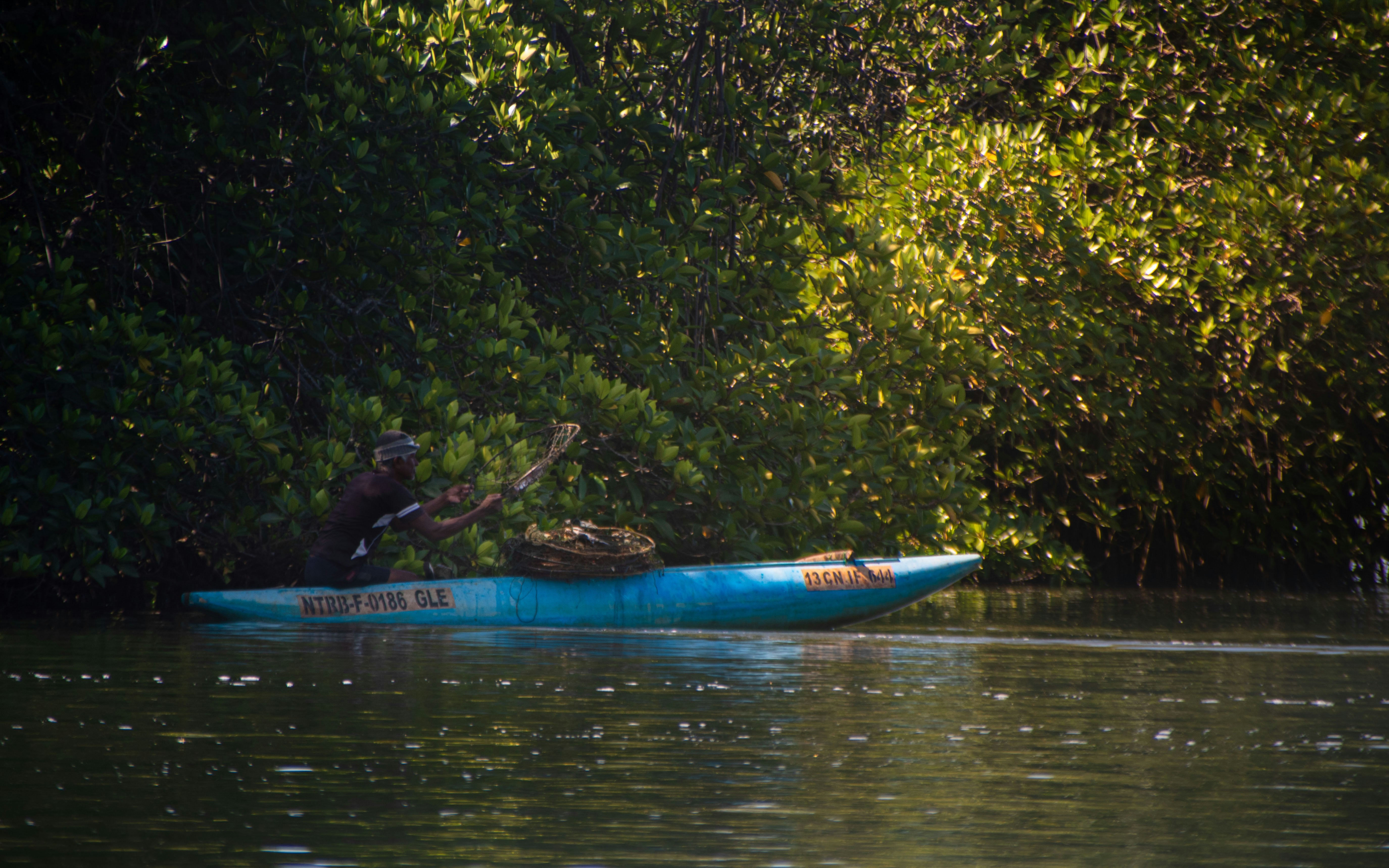 a man in a blue kayak paddles through the water