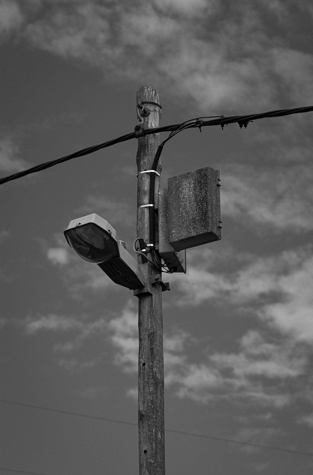 a black and white photo of a street light