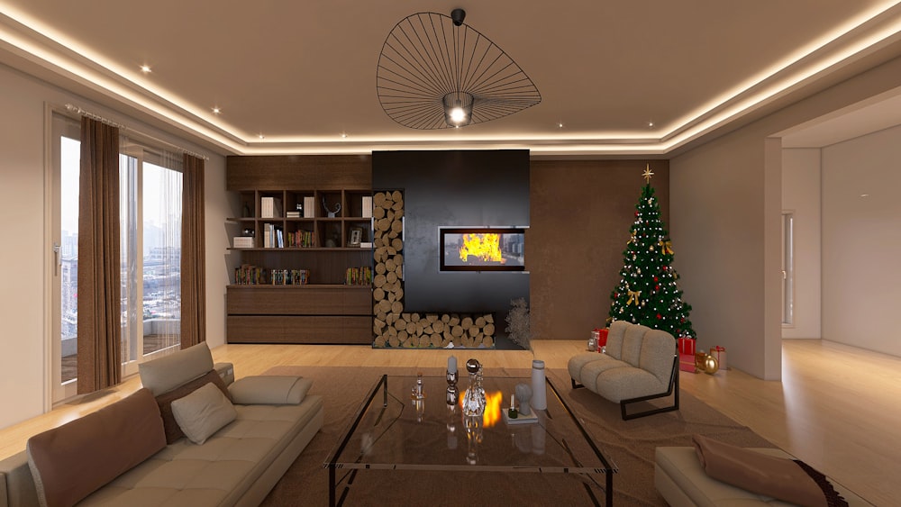 a living room filled with furniture and a christmas tree