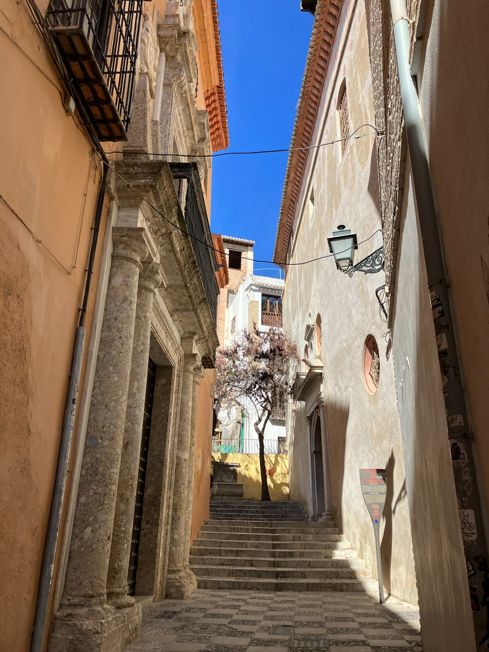 a narrow street with stone steps and a tree