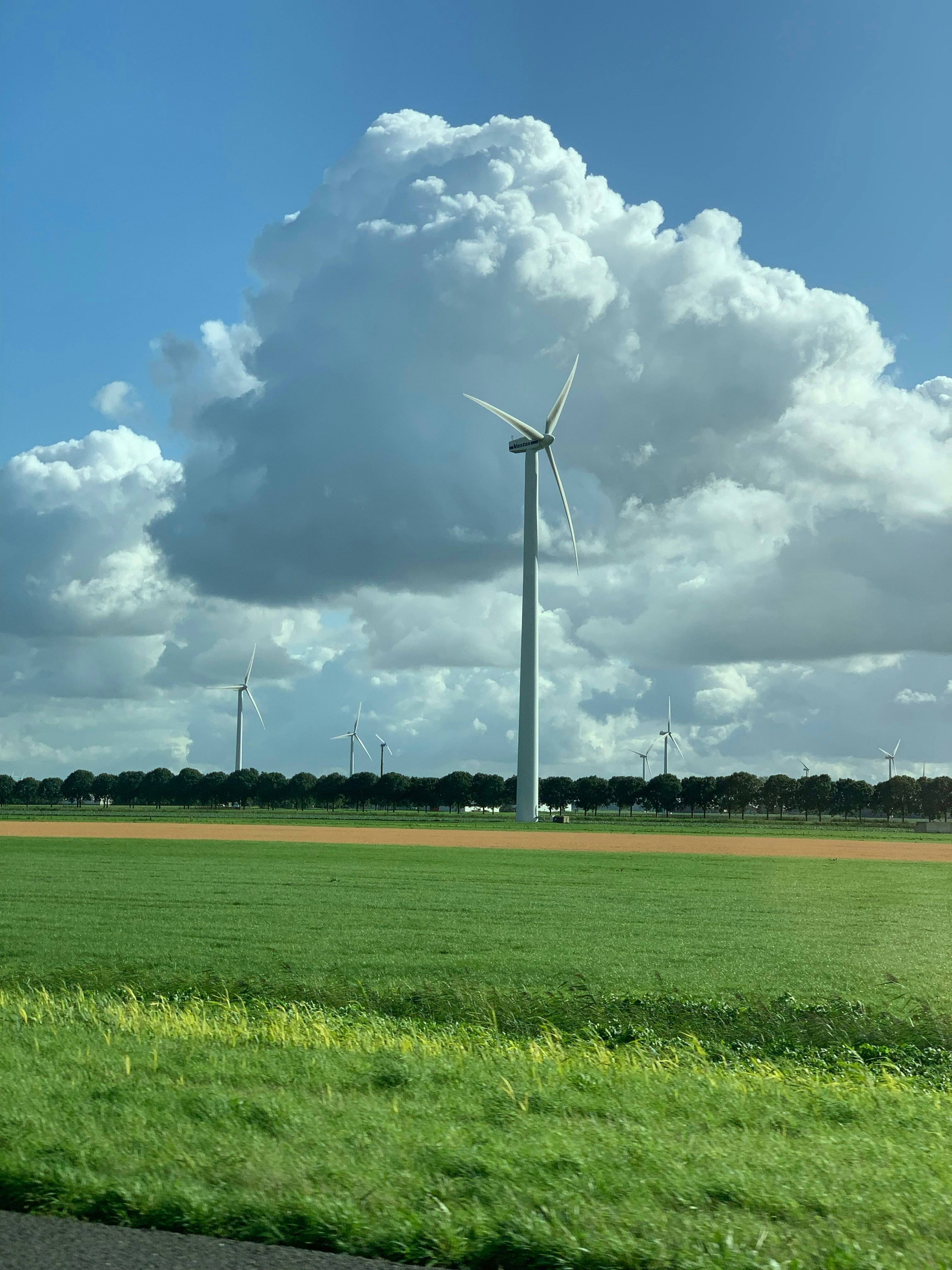 Wind turbines in open green field with dramatic clouds