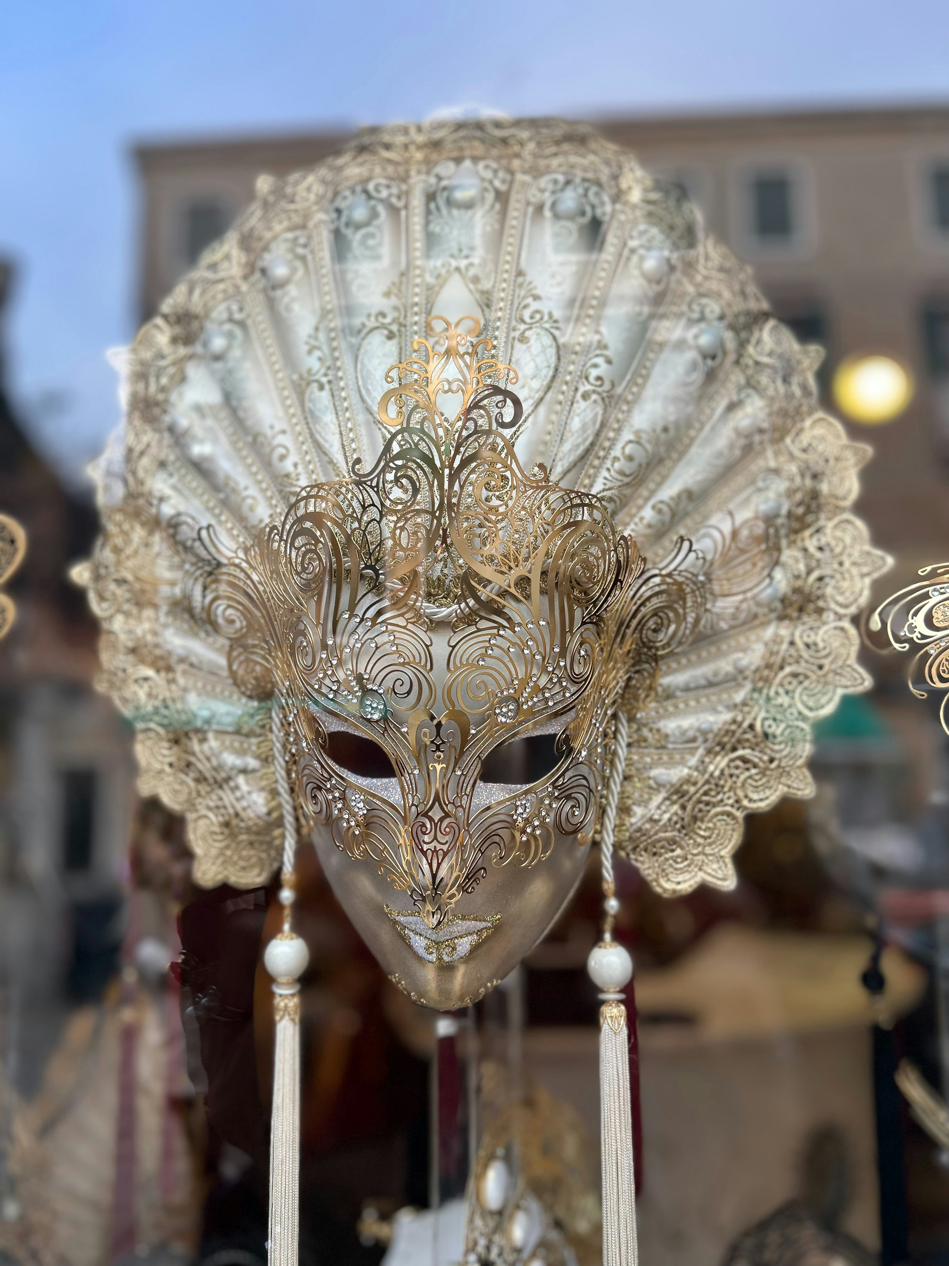 Beatnix Costume Shop Venetian masks styled for a wedding or gala with elegant gold details