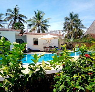 a hotel with a swimming pool surrounded by greenery