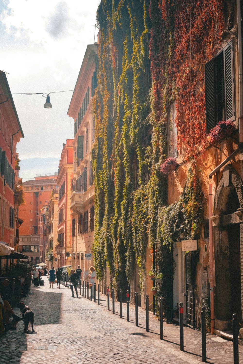 a cobblestone street lined with tall buildings