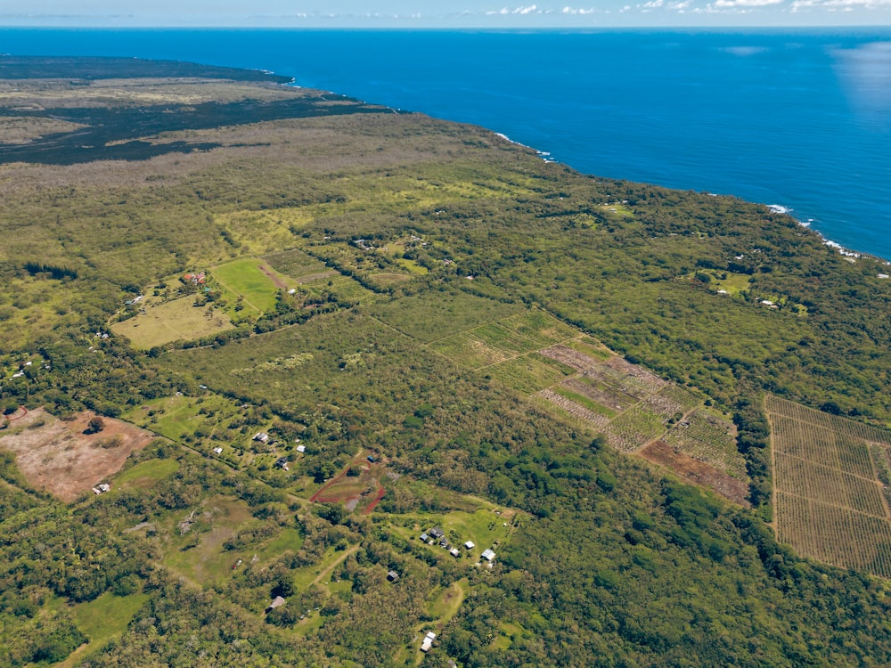 an aerial view of a lush green field next to the ocean