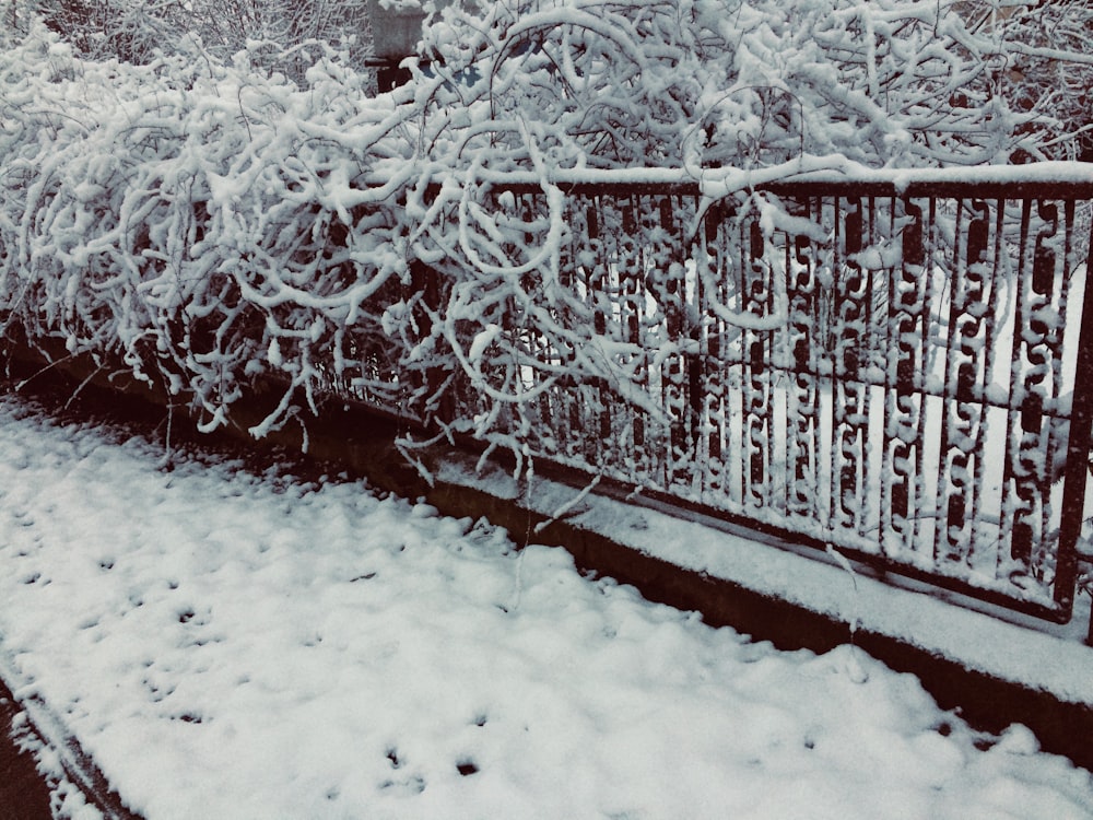a fence covered in snow next to a street