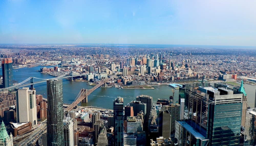 an aerial view of a city and a river