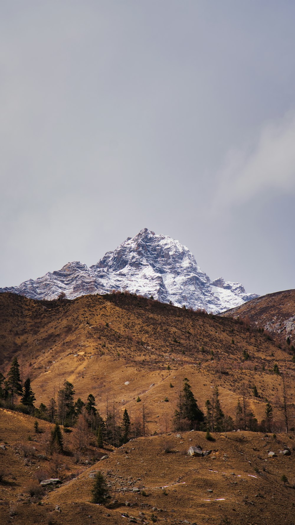 a mountain with a snow covered peak in the distance