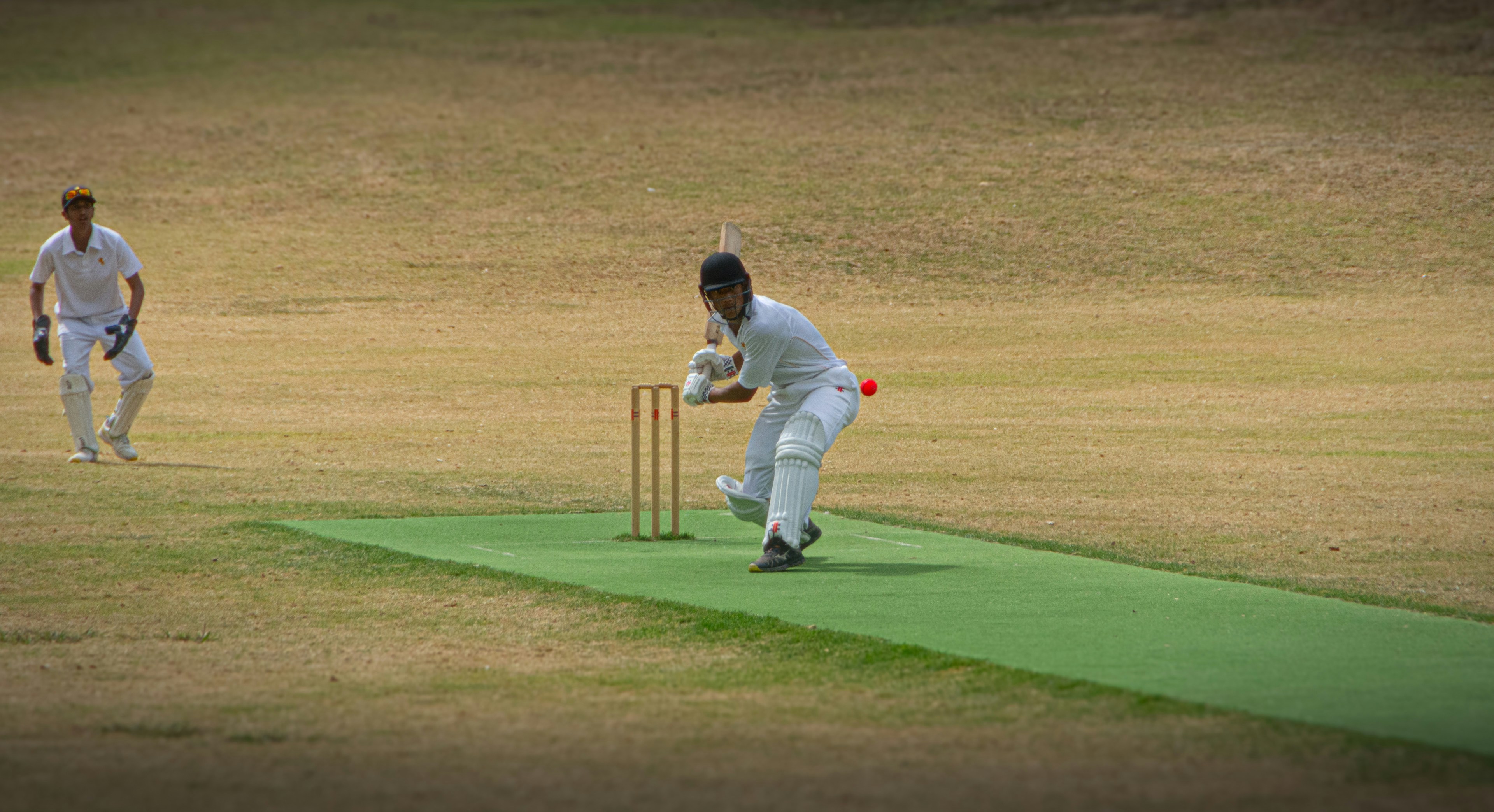 two men playing a game of cricket on a field, 