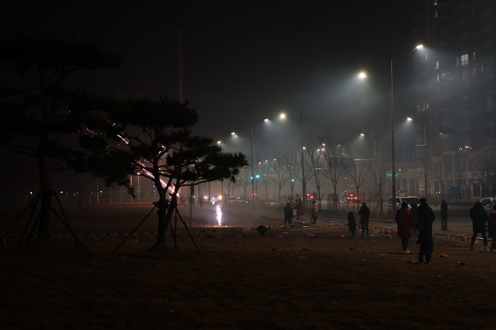 a group of people standing on a field at night