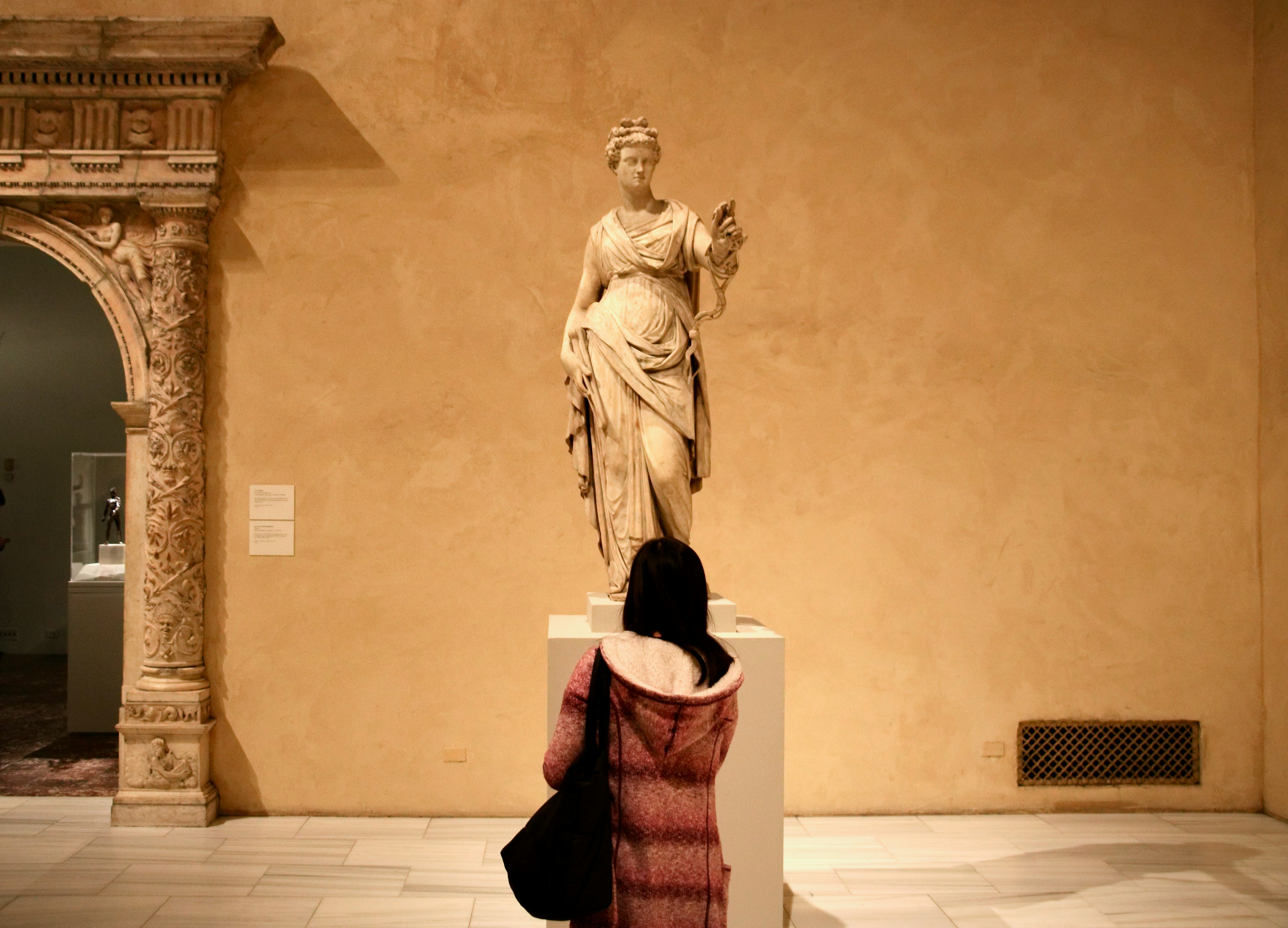 A lady wearing a pink jacket looks at a stature at the Metropolitan Museum of Art, New York City, USA