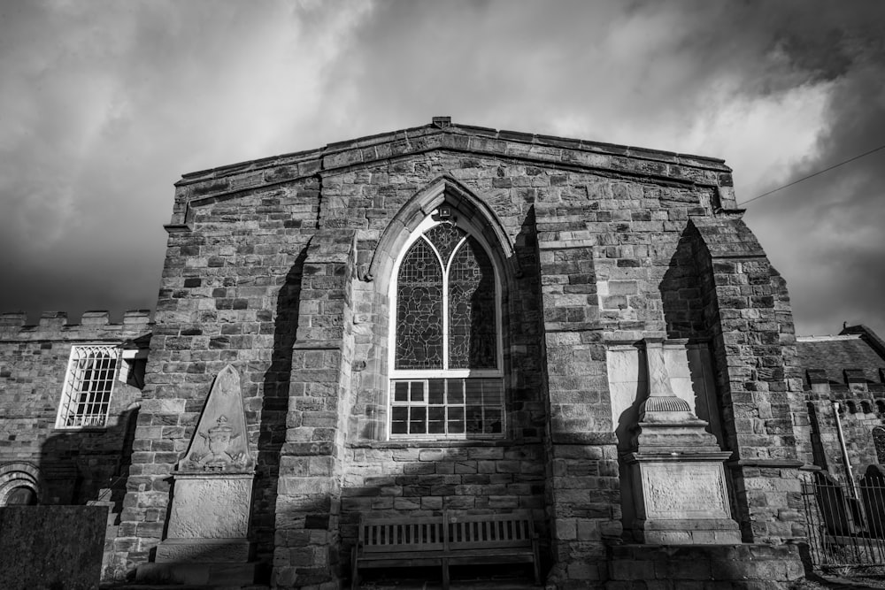 a black and white photo of a church