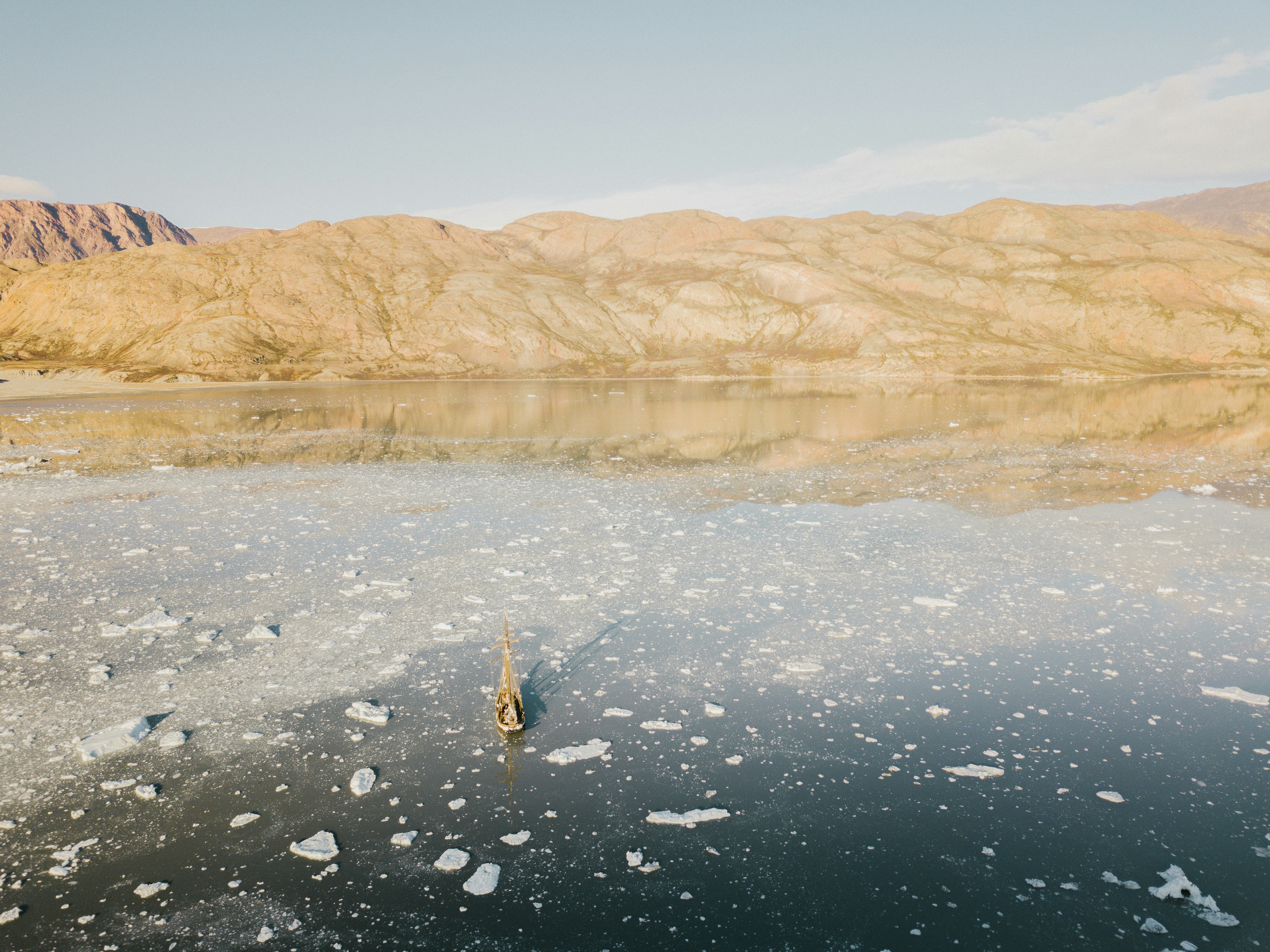 a dog standing in the middle of a lake surrounded by mountains