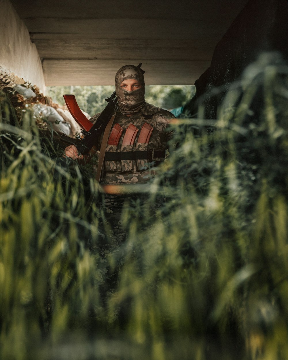 Un homme vêtu d’une armure debout dans les hautes herbes