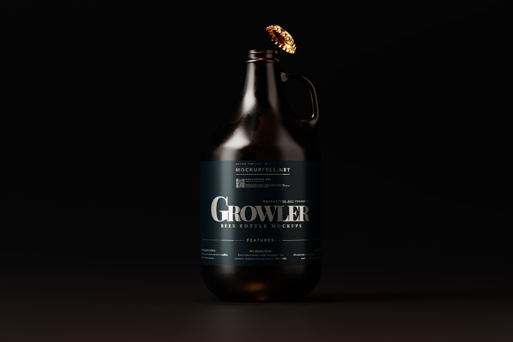 a brown growl beer bottle with a gold cap