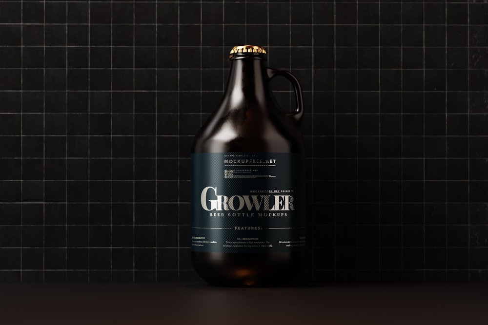 a brown growl beer bottle sitting on top of a counter