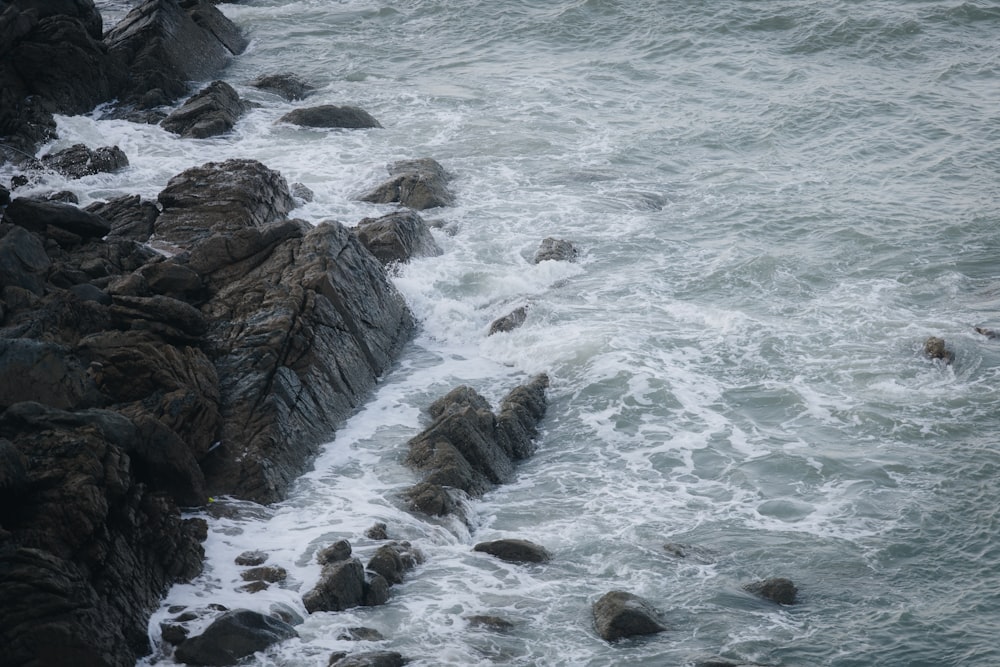 a group of people standing on top of a cliff next to the ocean