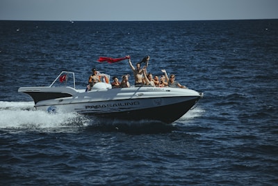 a group of people riding on the back of a boat