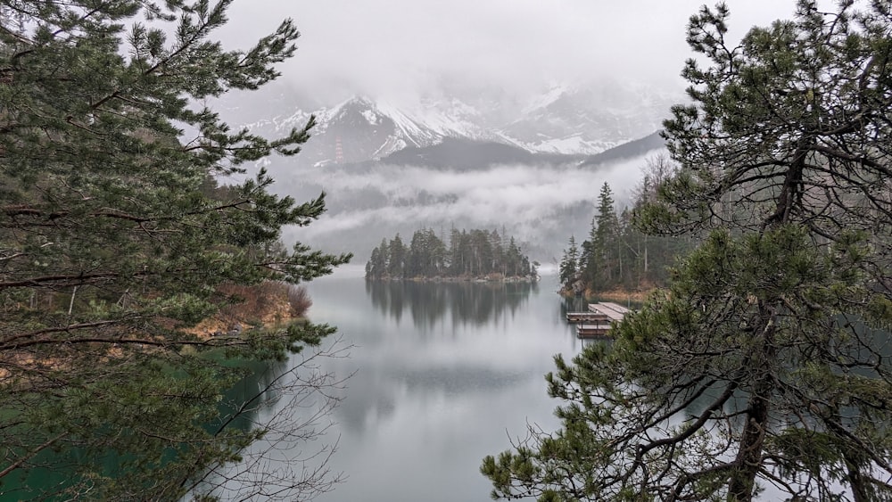 a body of water surrounded by trees and mountains