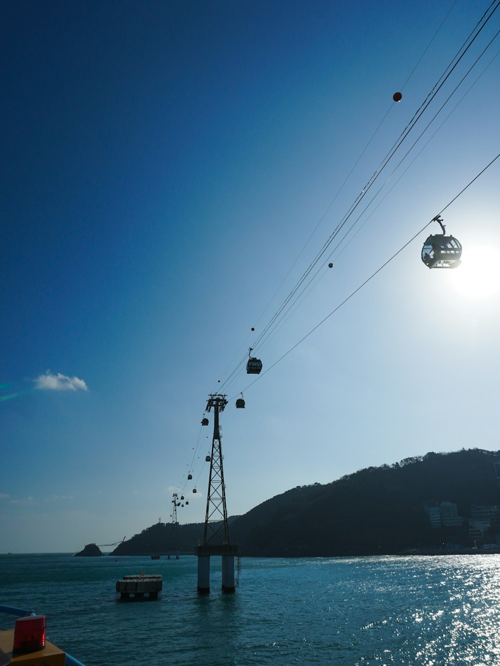 the sun is shining over the water and a cable car