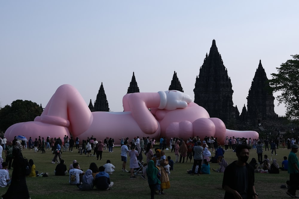 a large pink inflatable object laying on top of a lush green field