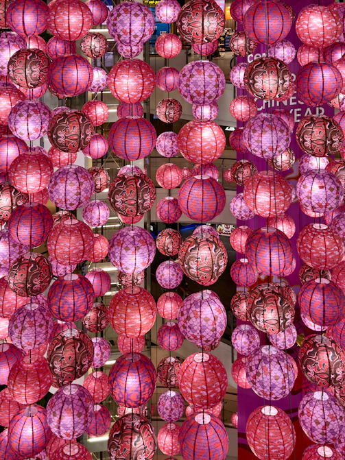 a bunch of pink lanterns hanging from a ceiling