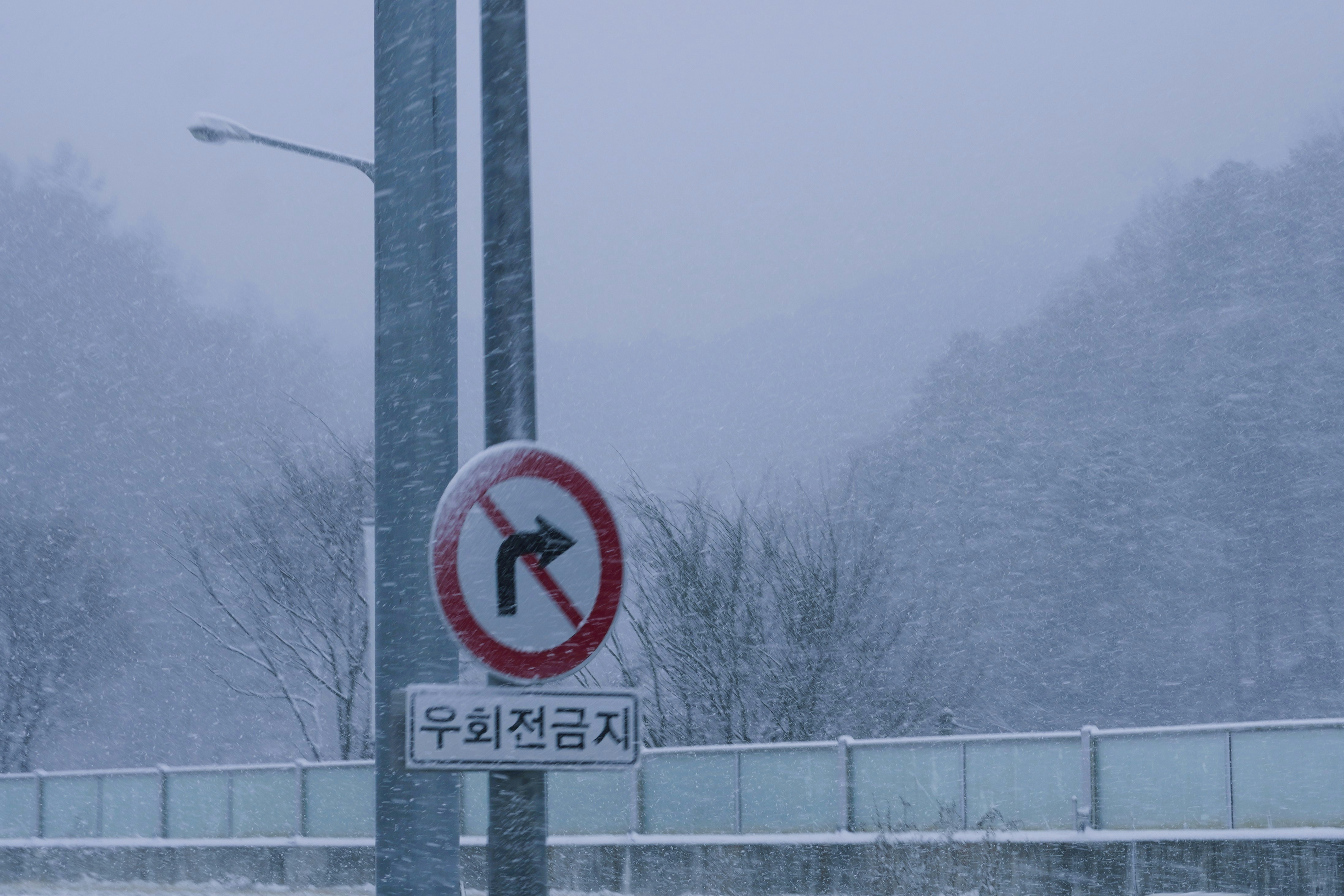 a street sign on a pole on a snowy day