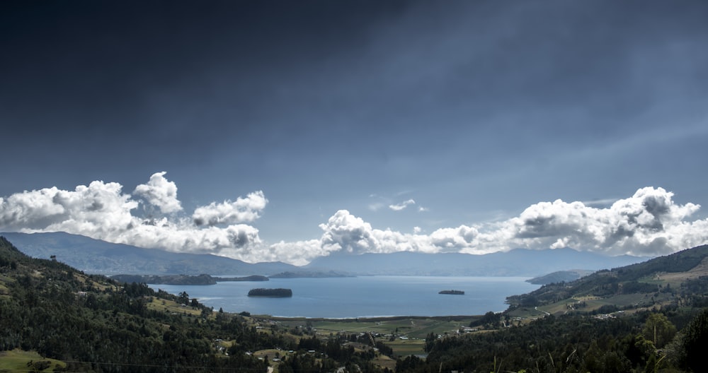 a scenic view of a lake surrounded by mountains