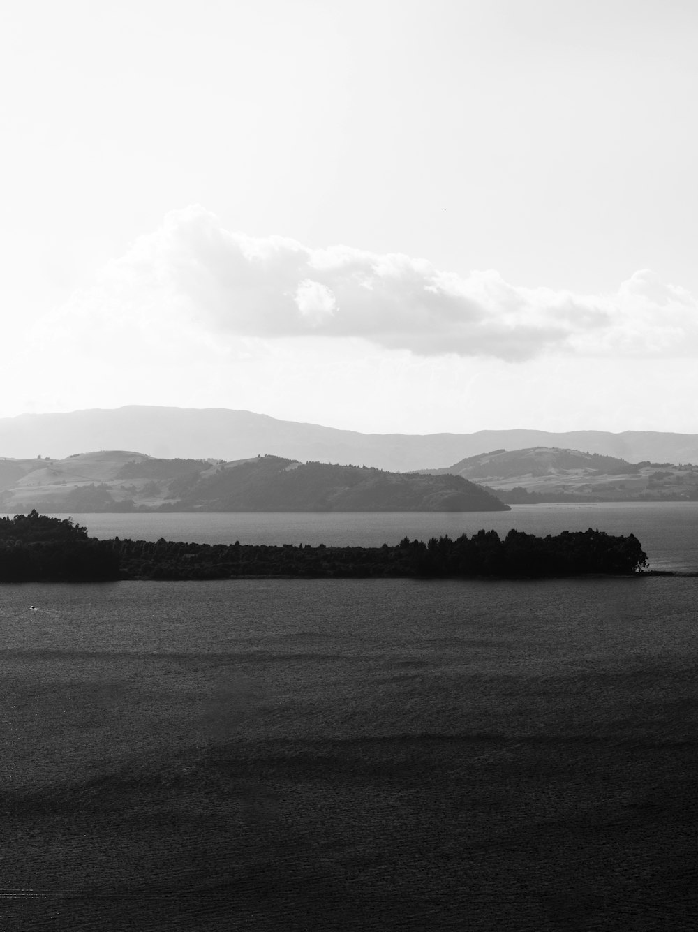 a black and white photo of a large body of water