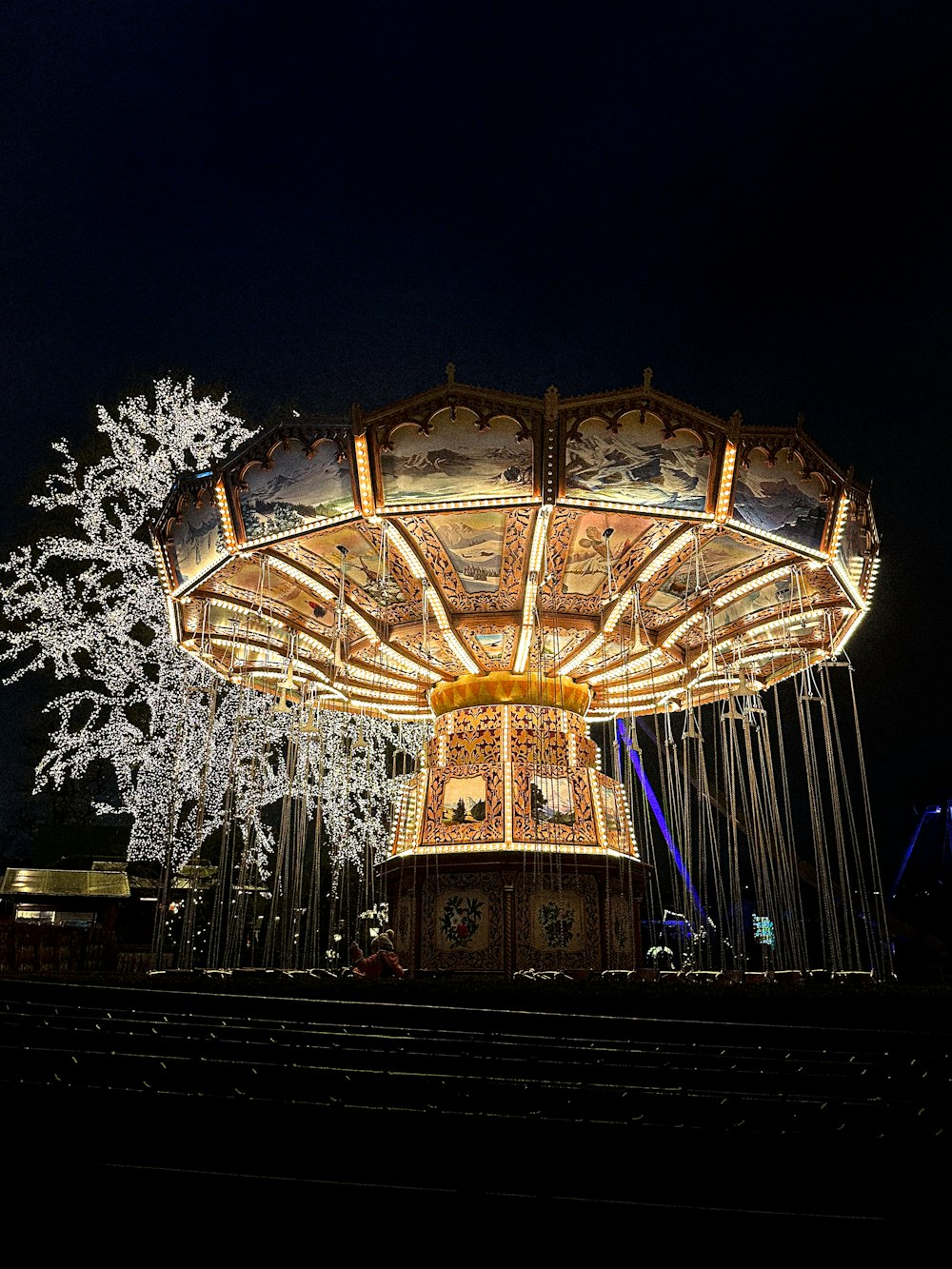 a merry go round at night with lights