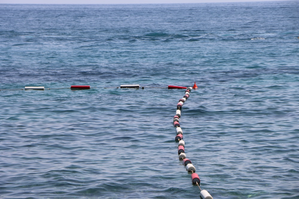 a line of red and white buoys in the water