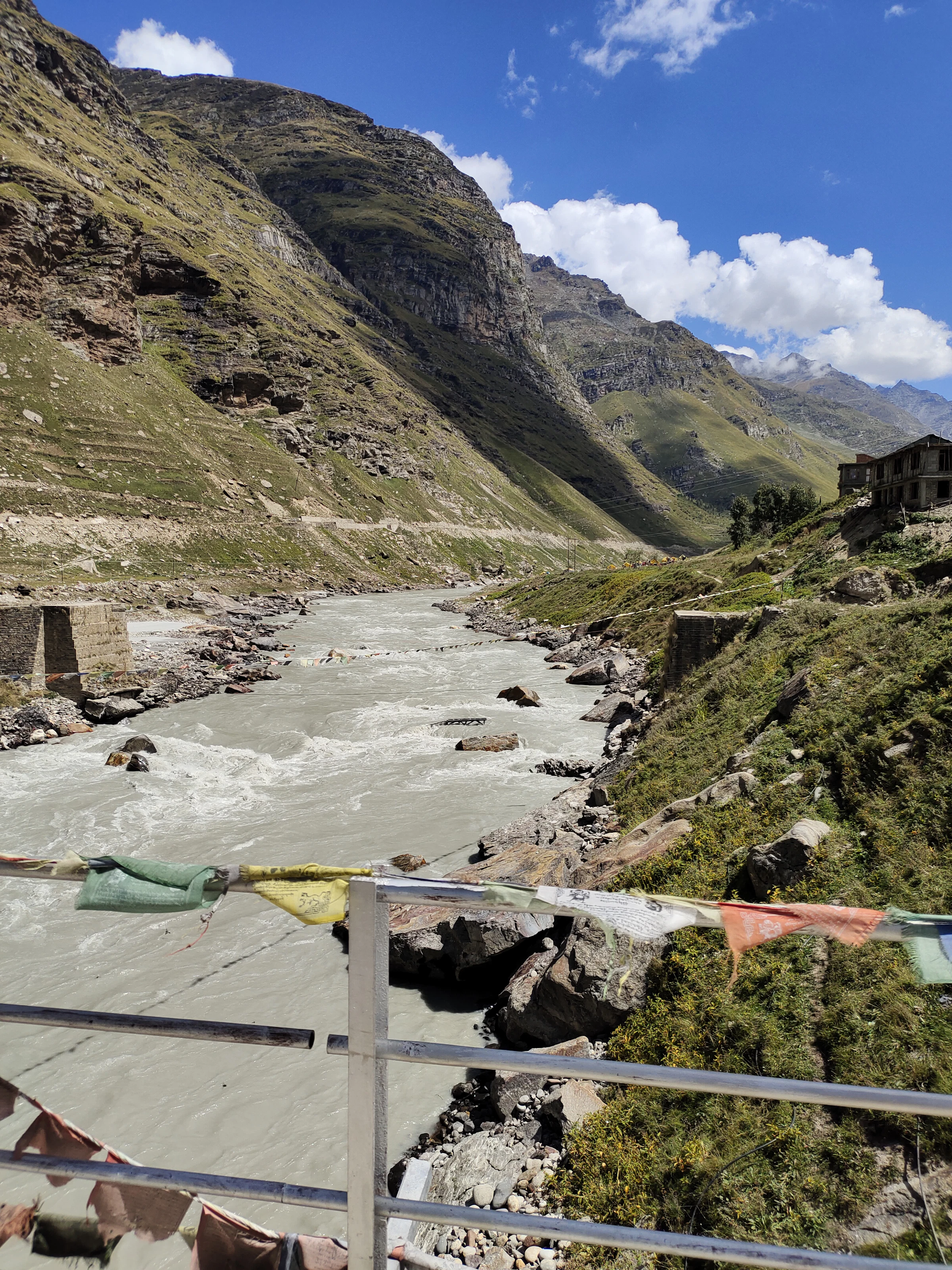A river and mountains seen from a bridge in Lahaul