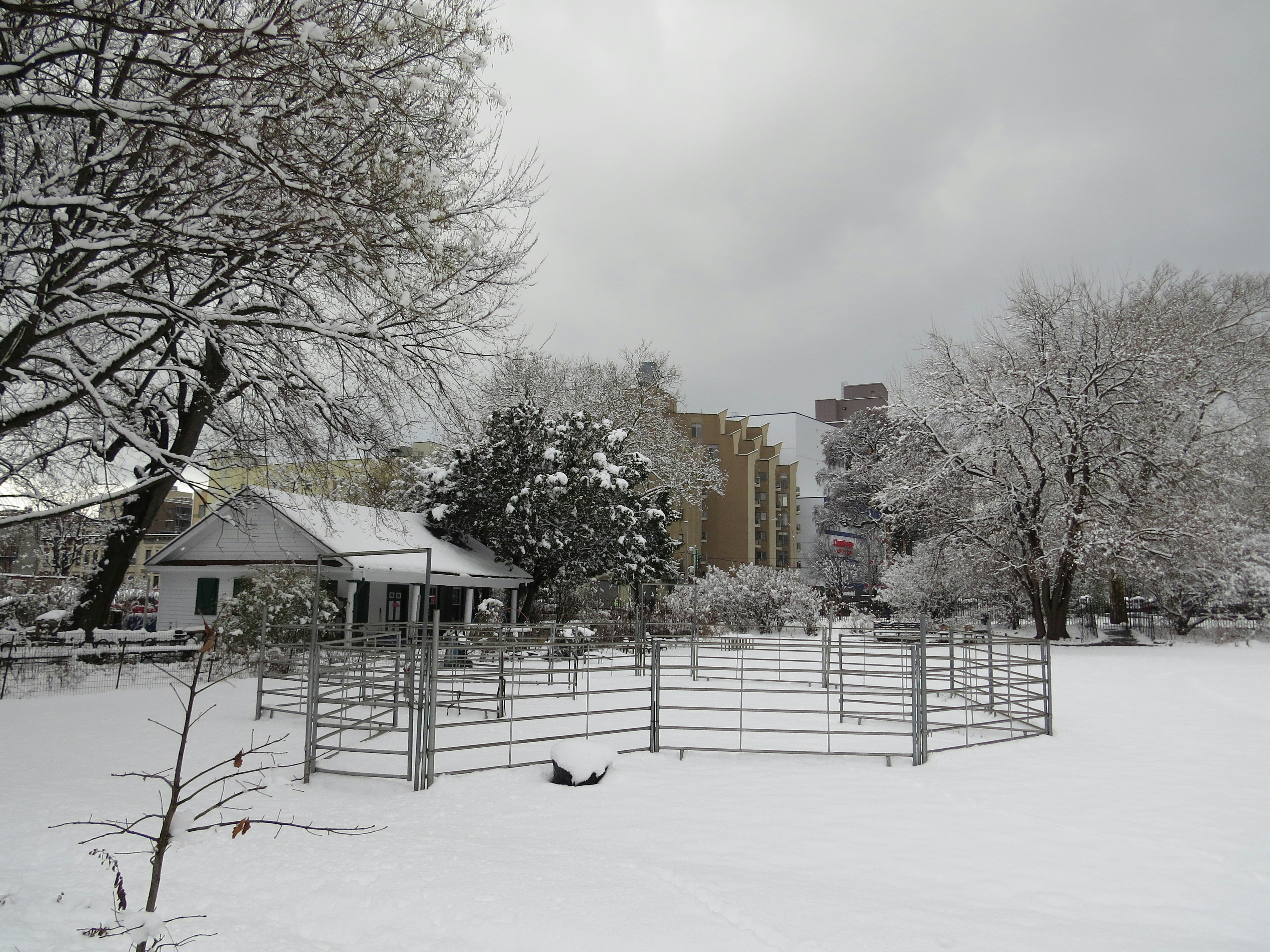 a snow covered field with a building in the background