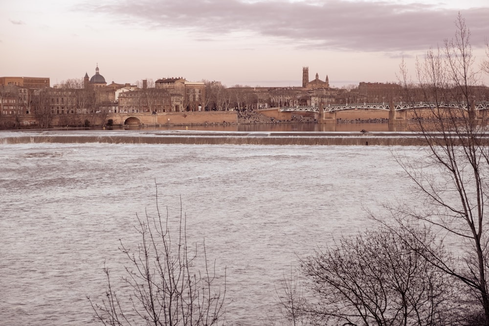 a large body of water with a city in the background