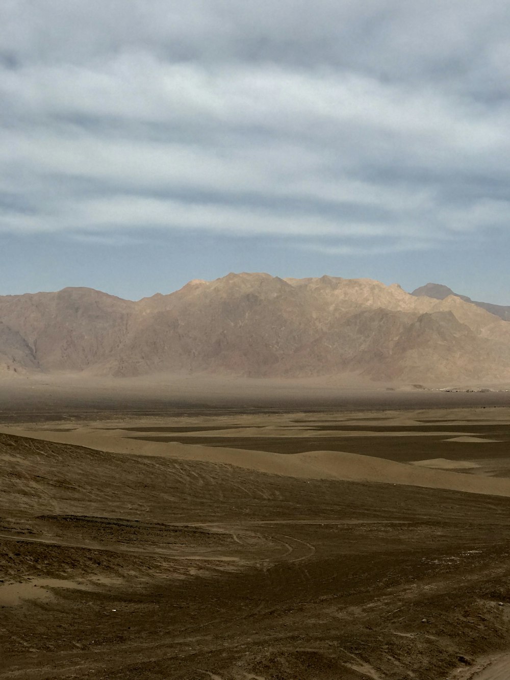 Eine Wüstenlandschaft mit Bergen in der Ferne